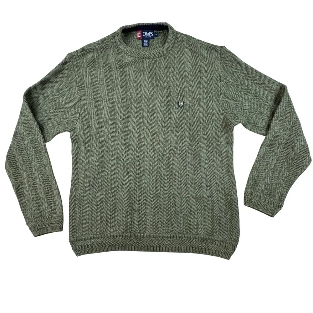 Vintage Chaps Men's L Olive Green Cotton Crew Neck Herringbone Knit Sweater 90's